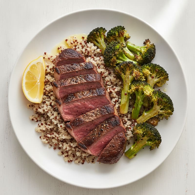 Seared Lean Beef with Roasted Broccoli and Quinoa