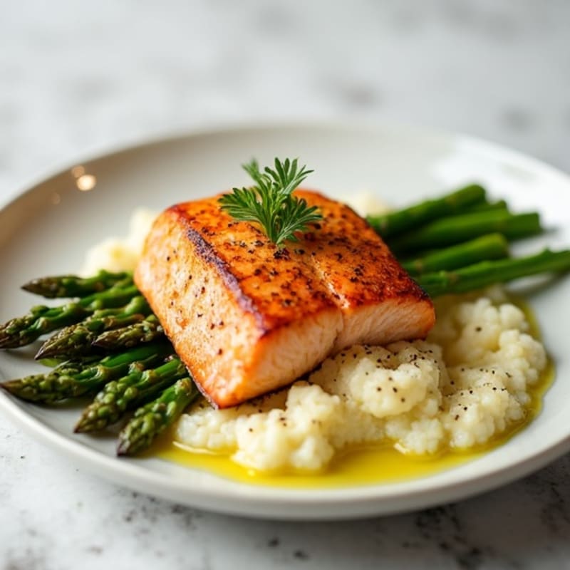 Seared Salmon with Steamed Asparagus and Cauliflower Mash