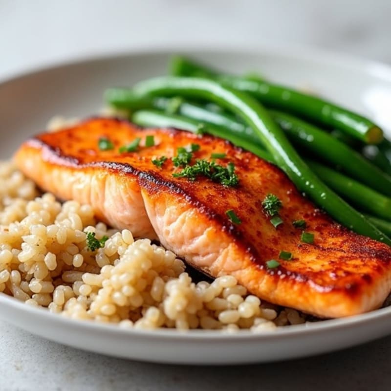Seared Salmon with Steamed Green Beans and Brown Rice