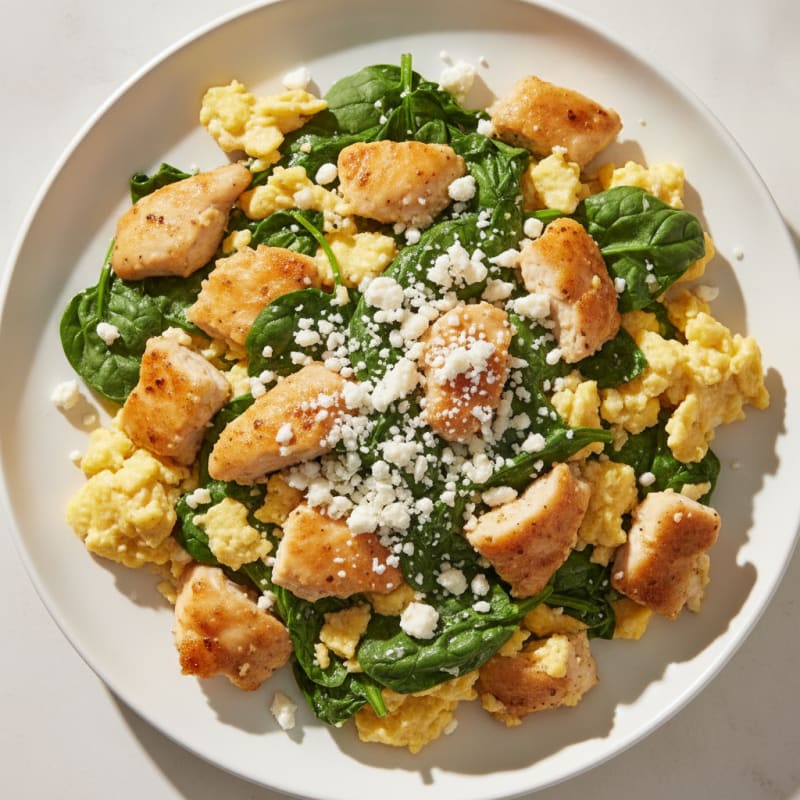 Crispy Chicken and Spinach Egg Scramble