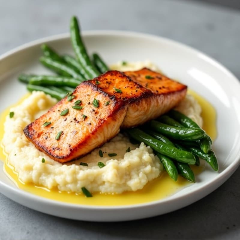 Seared Salmon with Garlic Green Beans and Cauliflower Mash