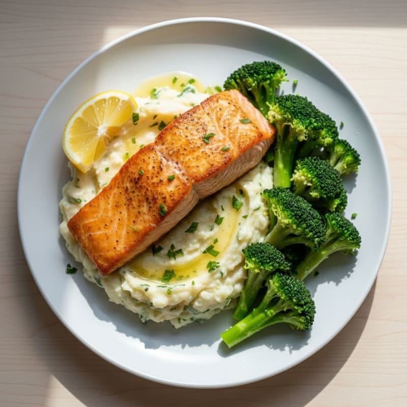 Seared Salmon Filet with Garlic Mashed Potatoes and Steamed Broccoli