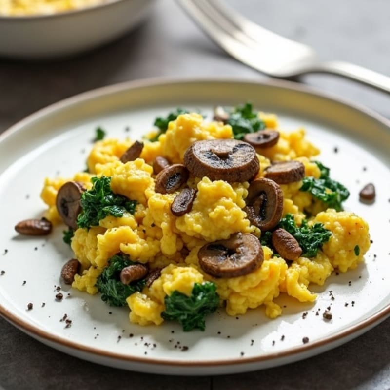 Fluffy Egg Scramble with Sautéed Spinach and Mushrooms