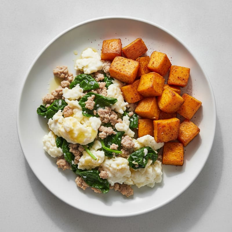 Egg White and Turkey Spinach Scramble with Roasted Sweet Potatoes