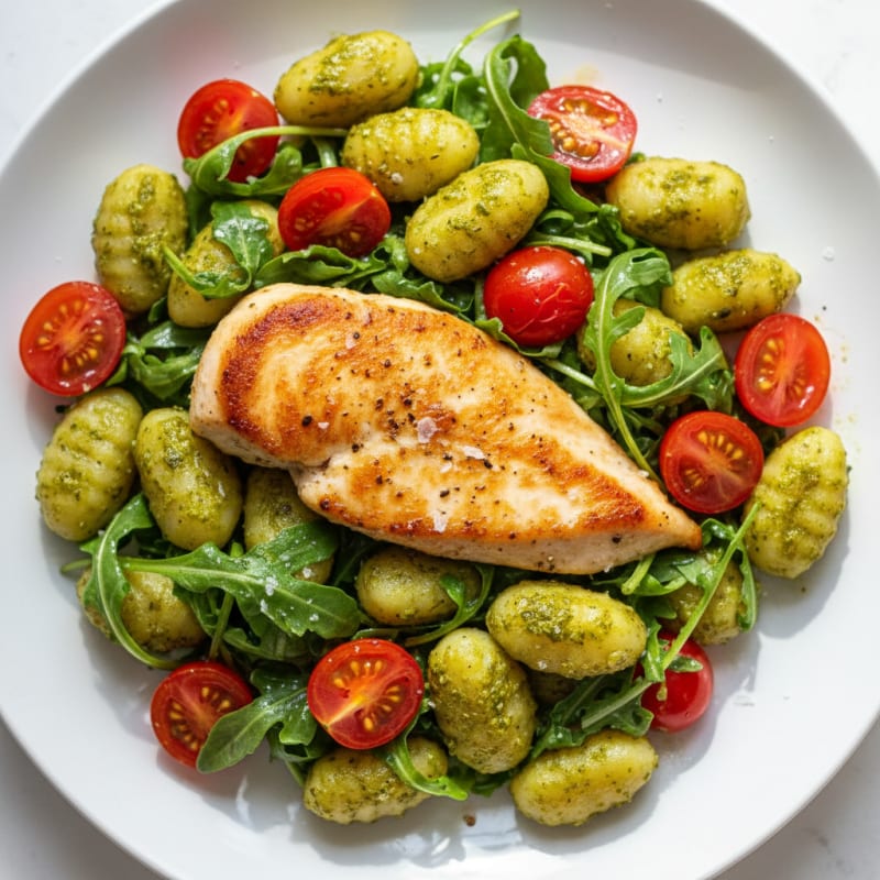 Gnocchi with Arugula Pesto and Cherry Tomatoes