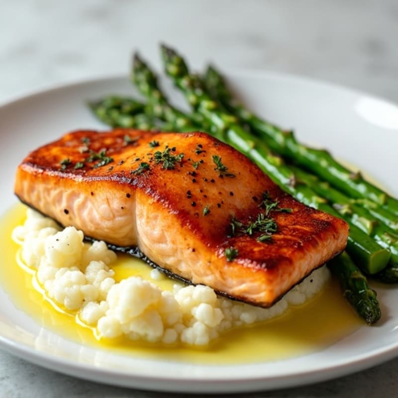Seared Salmon with Steamed Asparagus and Mashed Cauliflower