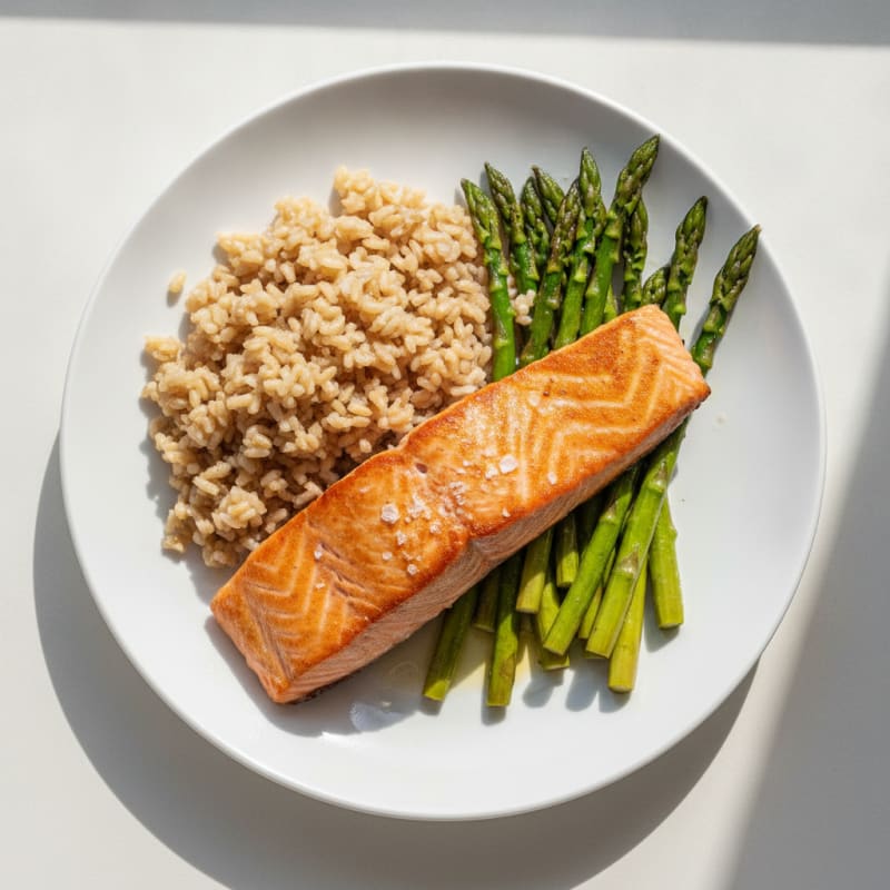 Seared Salmon Fillet with Roasted Asparagus and Brown Rice