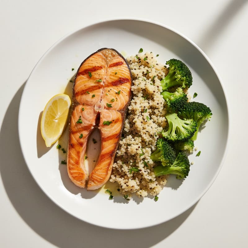 Seared Salmon Fillet with Steamed Broccoli and Quinoa