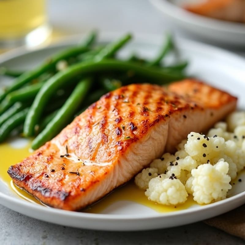 Grilled Salmon with Garlic Green Beans and Mashed Cauliflower