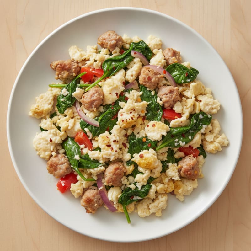 Egg White Scramble with Turkey Sausage and Sautéed Spinach