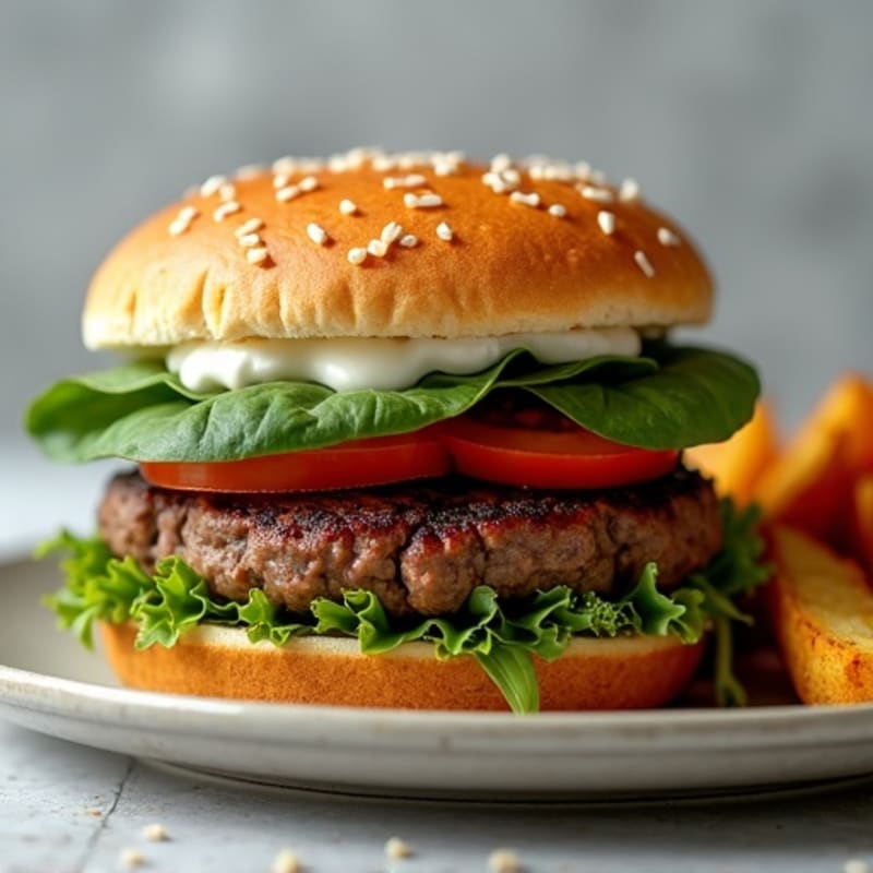 Seared Steak Burger with Leafy Greens and Oven-Baked Potato Wedges