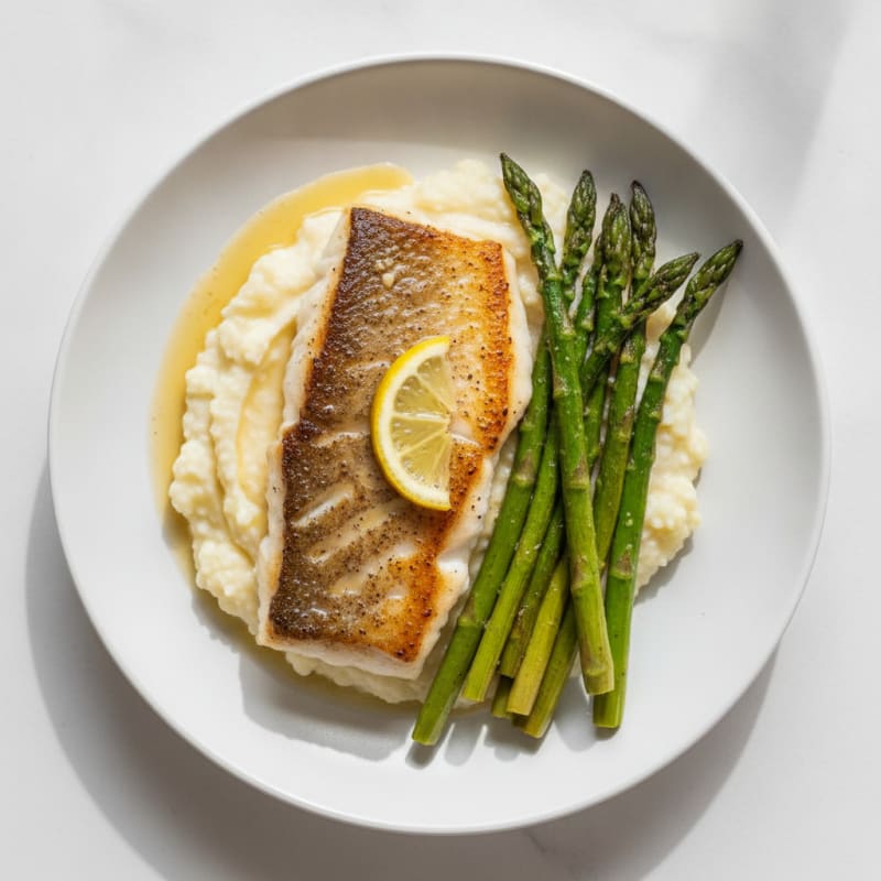 Seared Cod with Roasted Asparagus and Cauliflower Mash