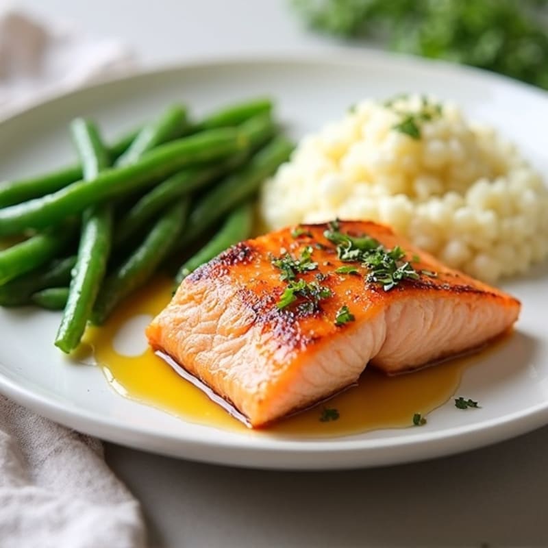 Seared Salmon Filet with Garlic Green Beans and Cauliflower Mash
