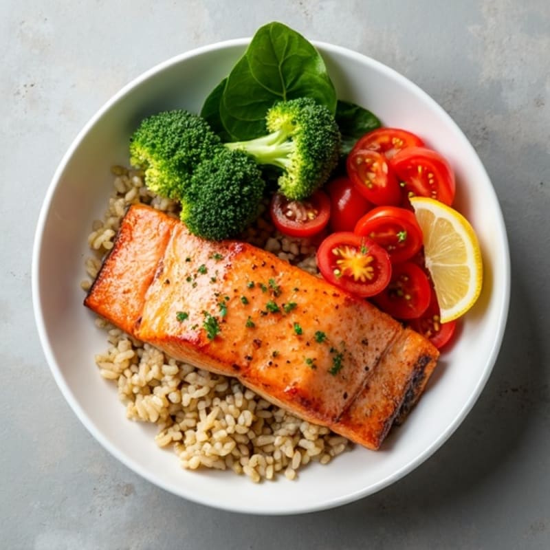 Seared Salmon Fresh Vegetable Rice Bowl