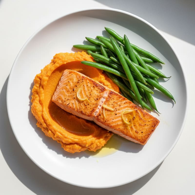 Seared Salmon Fillet with Steamed Green Beans and Sweet Potato Mash