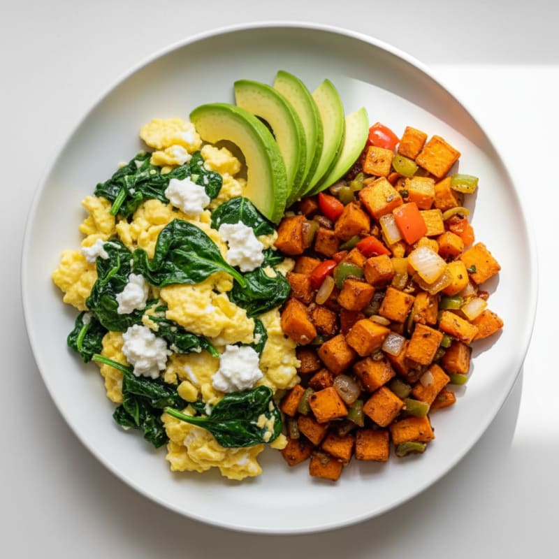 Cottage Cheese Egg Scramble with Sautéed Spinach and Sweet Potato Hash