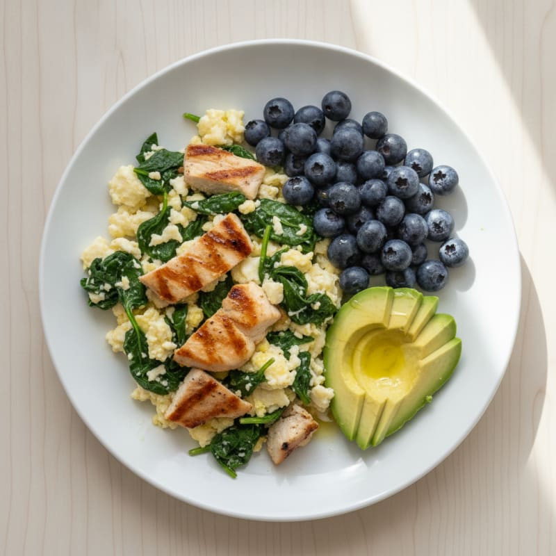 Egg White and Spinach Scramble with Grilled Chicken and Fresh Berries
