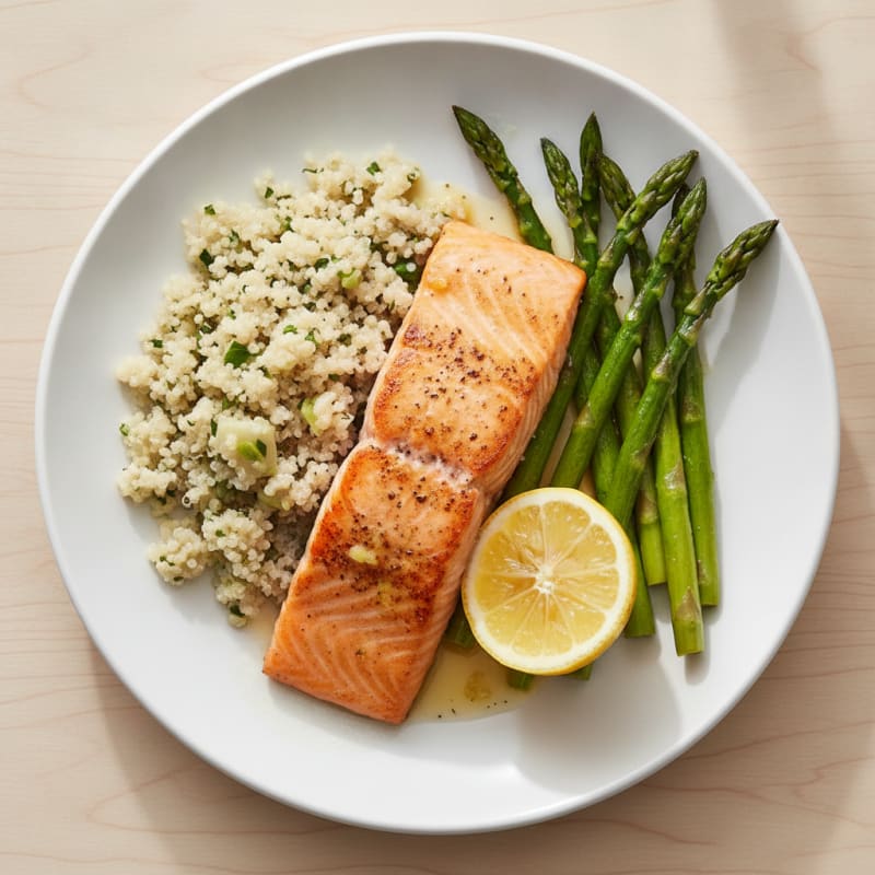 Seared Salmon Fillet with Garlic Quinoa and Roasted Asparagus