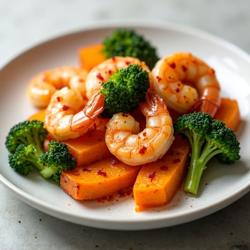 Spicy Garlic Shrimp with Roasted Sweet Potatoes and Broccoli