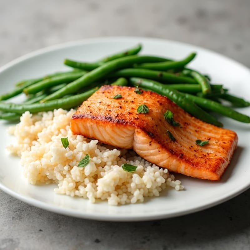 Seared Salmon with Steamed Rice and Garlic Green Beans