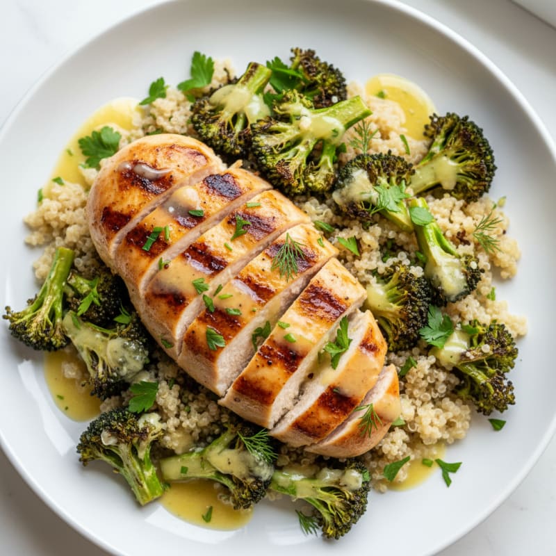 Grilled Chicken Breast Salad with Quinoa and Roasted Broccoli