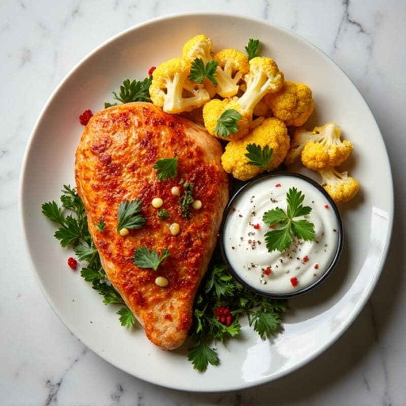 Sheet Pan Harissa Chicken with Roasted Cauliflower and Creamy Herb Sauce