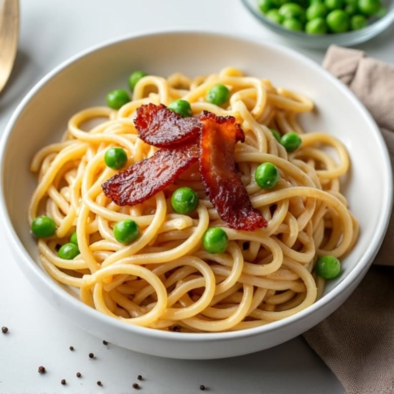 Creamy Whole Wheat Spaghetti with Crispy Lean Turkey Bacon and Peas