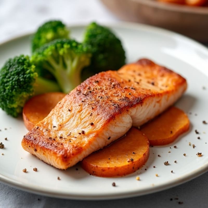 Crispy Salmon with Roasted Sweet Potato and Broccoli