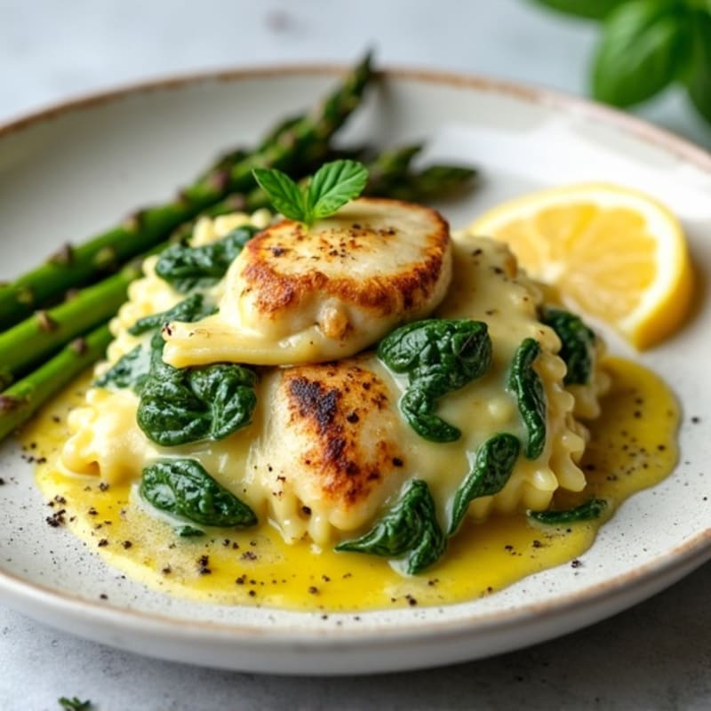 Spinach Ravioli with Bright Lemon-Herb Sauce and Roasted Asparagus