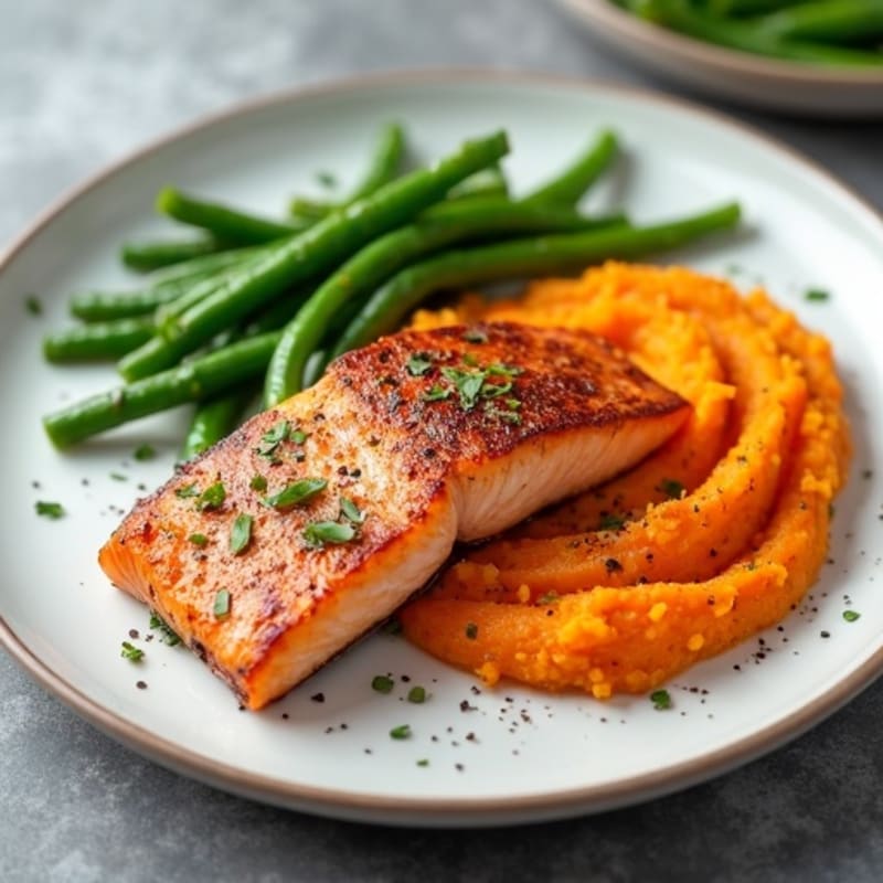 Seared Salmon with Steamed Green Beans and Sweet Potato Mash