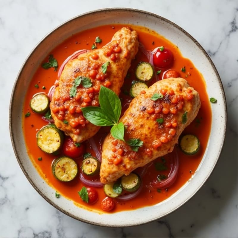 Healthy Creamy Spiced Tomato Chicken with Roasted Vegetables