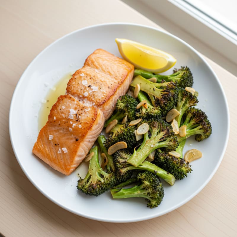 Seared Salmon with Roasted Broccoli and Garlic
