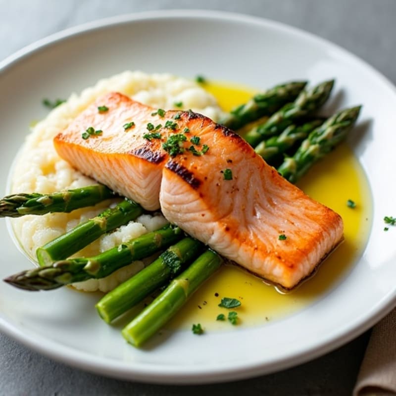 Seared Salmon with Steamed Asparagus and Cauliflower Mash