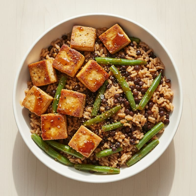 Tofu, Green Bean, and Beluga Lentil Bowl