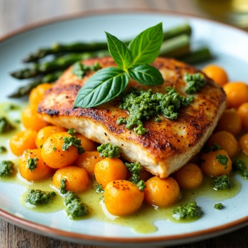 Sweet Potato Gnocchi with Fresh Basil Pesto, Pan-Seared Chicken, and Roasted Asparagus