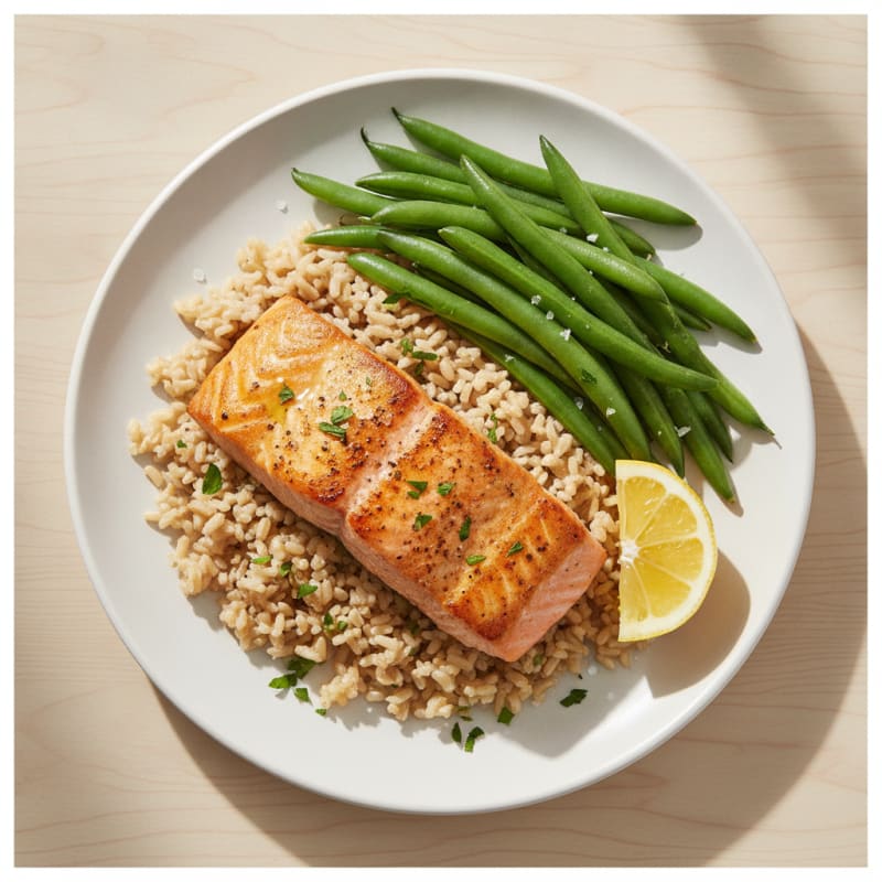 Seared Salmon with Steamed Green Beans and Brown Rice