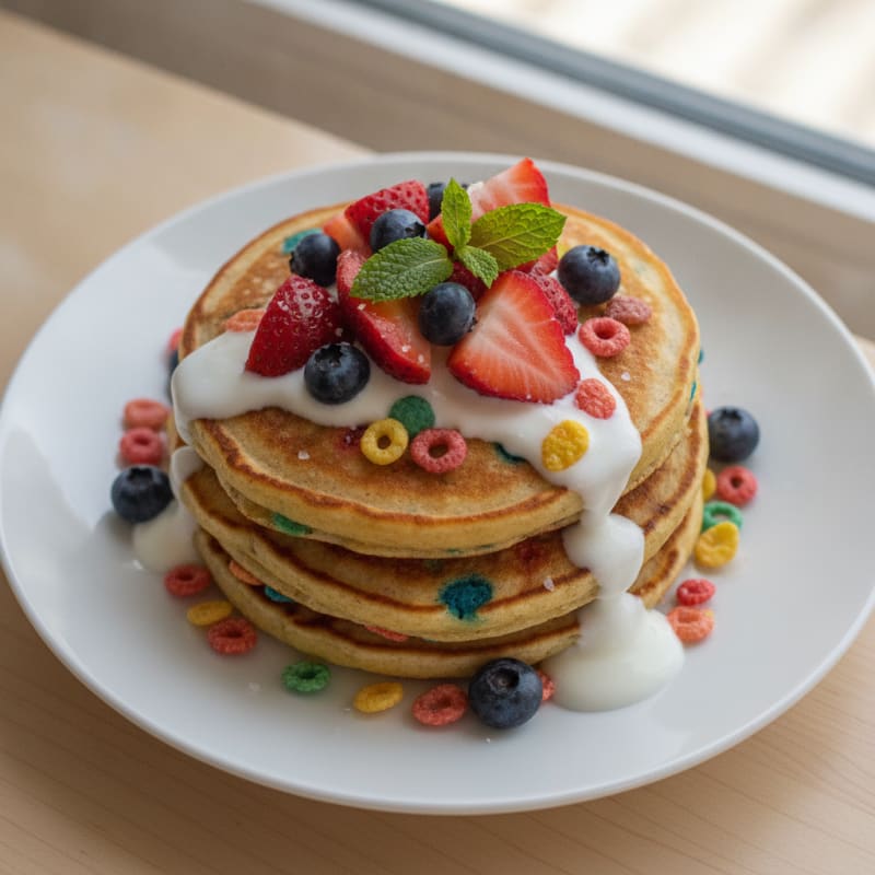 Fruity Pebble Protein Pancakes with Berries