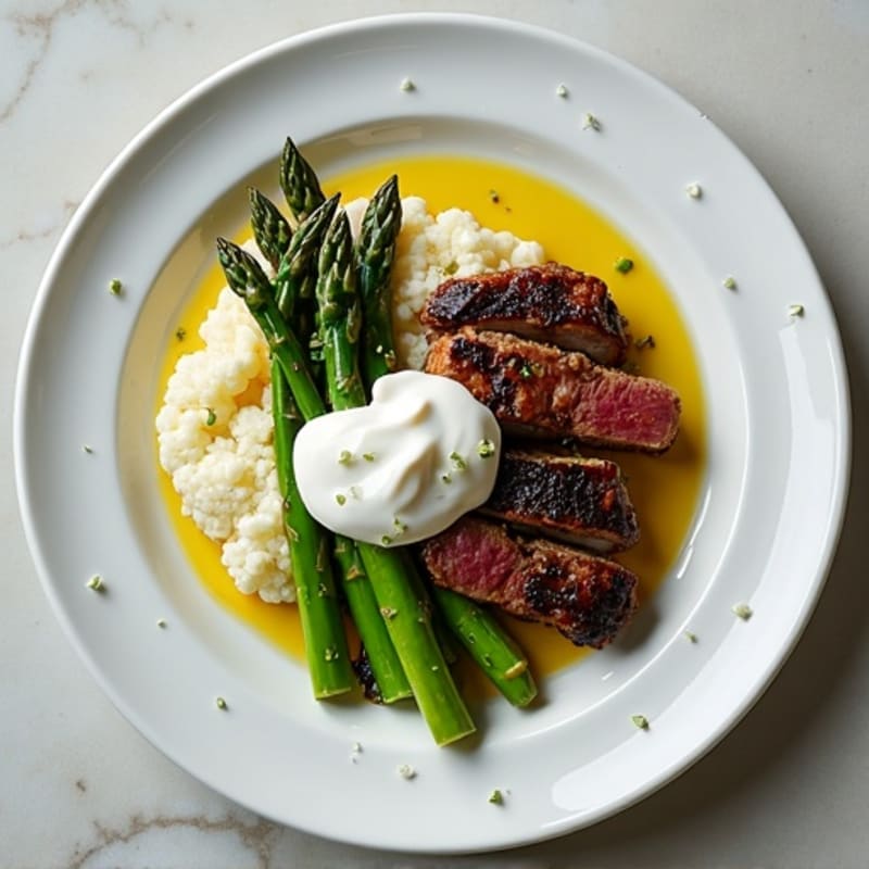 Seared Beef Strips with Steamed Asparagus and Cauliflower Mash