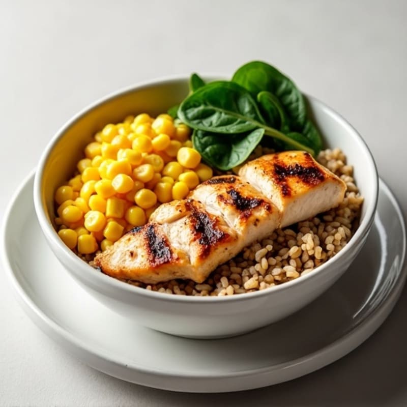 Grilled Chicken and Brown Rice Bowl with Roasted Corn and Spinach