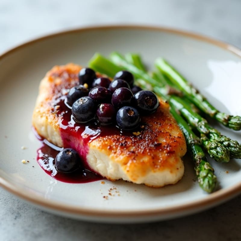 Pan-Seared Chicken with Sweet Blueberry Glaze and Roasted Asparagus