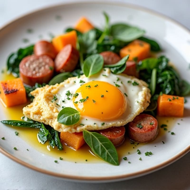 Egg White and Turkey Sausage Scramble with Spinach and Roasted Sweet Potato