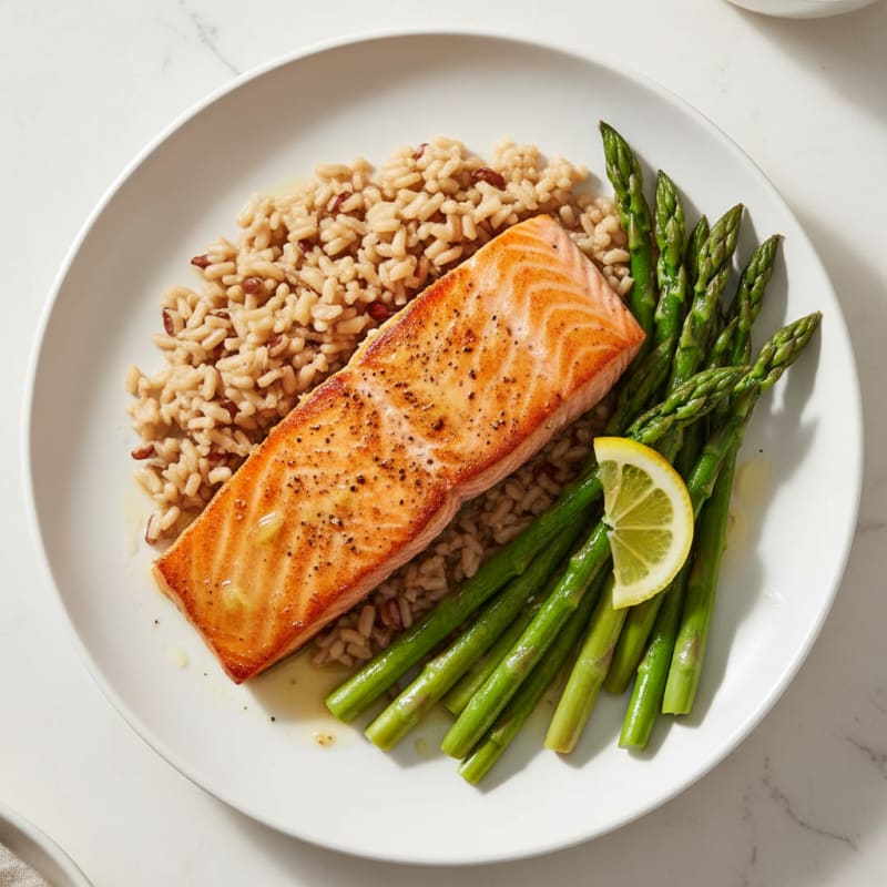 Seared Salmon with Steamed Asparagus and Brown Rice