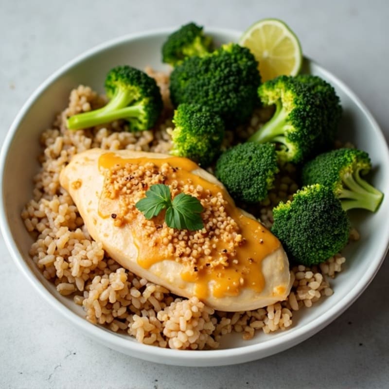 Creamy Peanut Chicken with Crispy Roasted Broccoli and Brown Rice