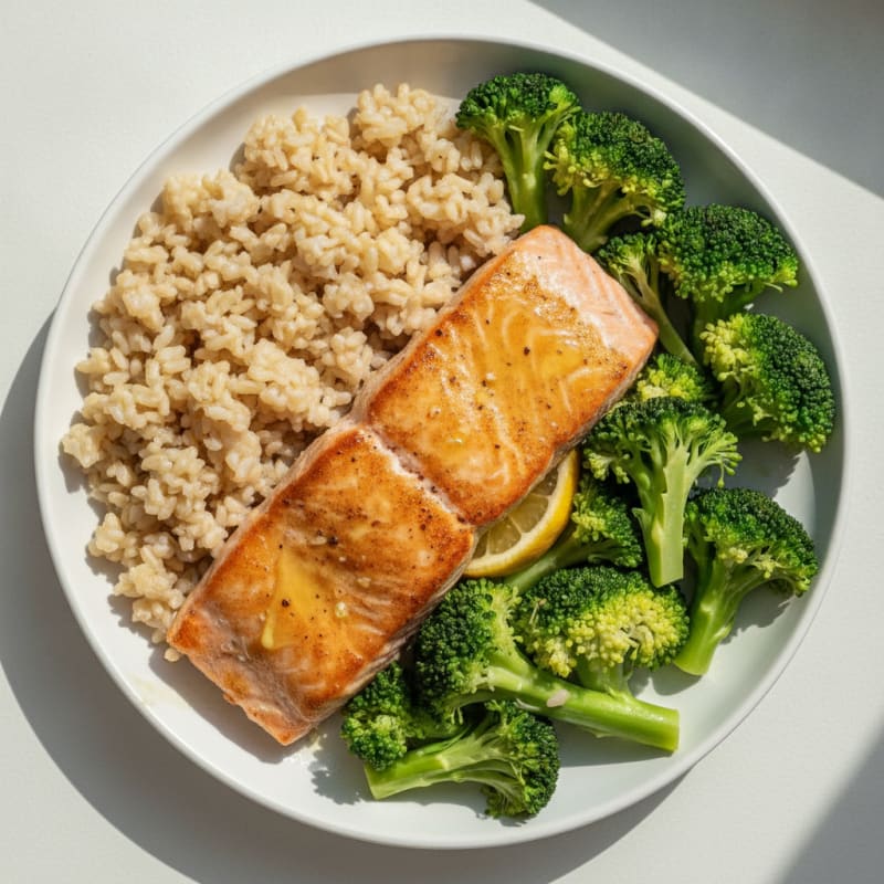 Seared Salmon with Steamed Broccoli and Brown Rice