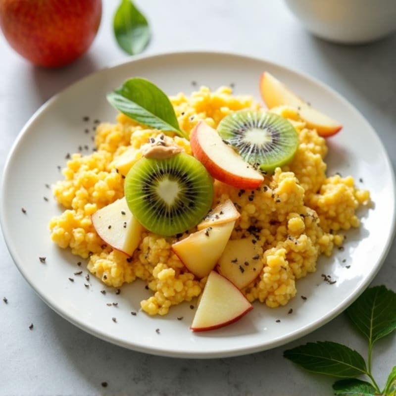 Scrambled Eggs with Fresh Sliced Apple, Kiwi, Chia Seeds, and Creamy Peanut Butter