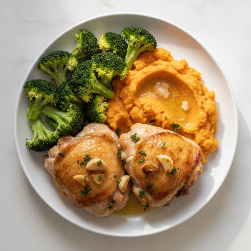 Oven-Baked Chicken Thighs with Steamed Broccoli and Sweet Potato Mash