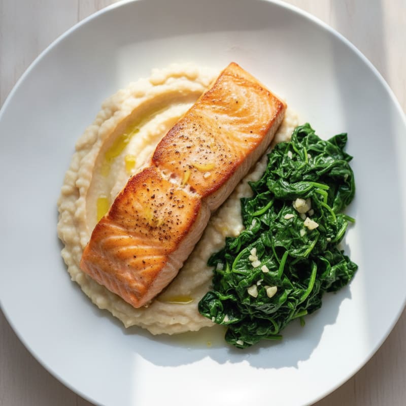 Seared Salmon Fillet with Creamy White Bean Mash and Sautéed Spinach