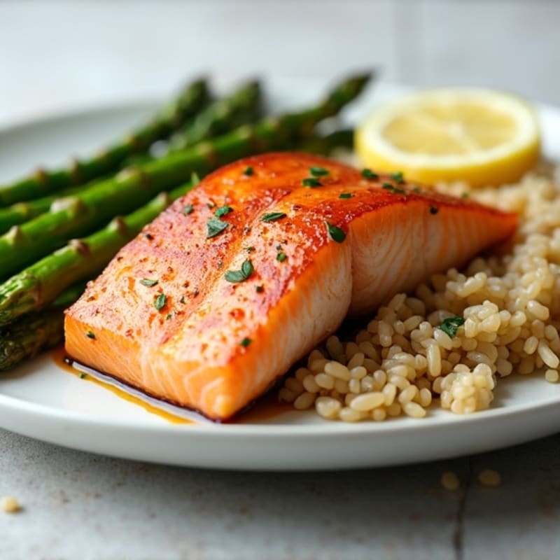 Seared Salmon with Steamed Asparagus and Brown Rice