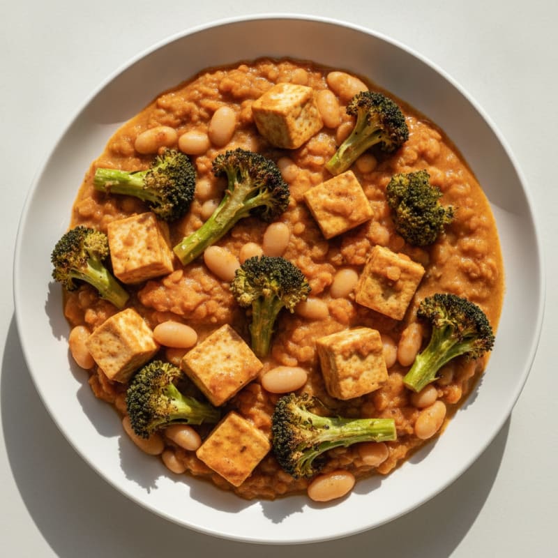 Silky Red Lentil and Tofu Stew with Roasted Broccoli
