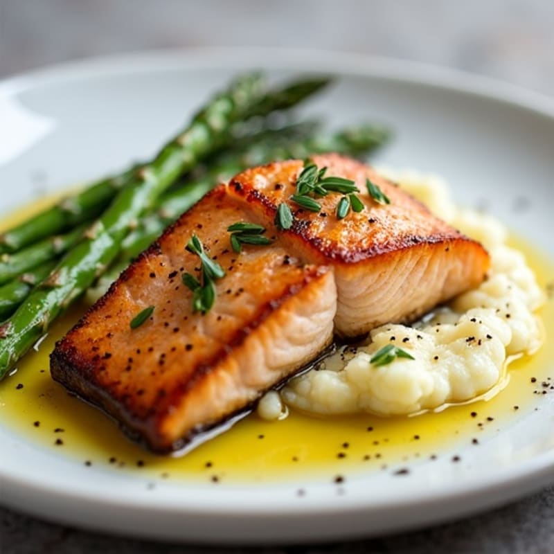 Seared Salmon with Steamed Asparagus and Cauliflower Mash